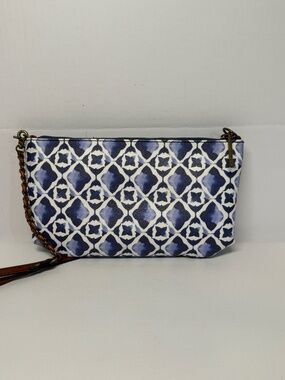 Elliott Lucca Blue White Tile Print Crossbody Leather Chain Bag